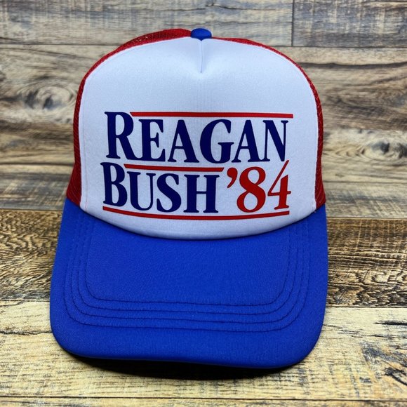 Reagan Bush '84 Mens Trucker Hat Blue Snapback USA President Retro Baseball Cap - Picture 2 of 8